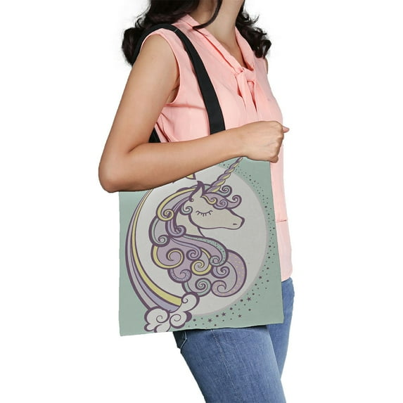 ABPHQTO Cute Magic Unicorn Head With Horn Canvas Bag Reusable Tote Grocery Shopping Bags Tote Bag 14x16 inch