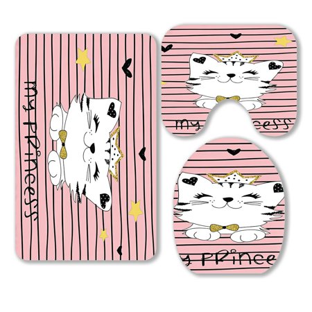 ABPHQTO Cute Princess Cat 3 Piece Bathroom Rugs Set Bath Rug Contour Mat and Toilet Lid Cover
