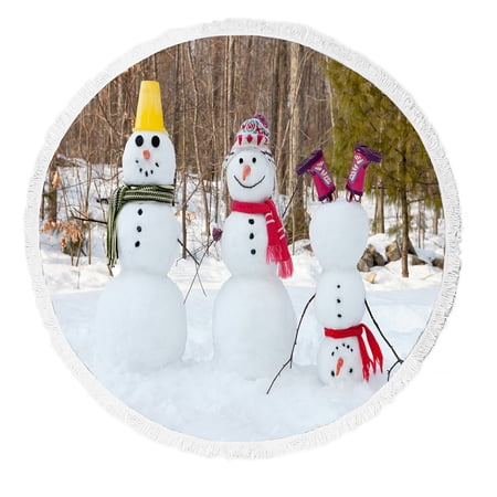 ABPHQTO Cute Snowmen Scarf Forest Round Beach Blanket with Tassels Beach Throw Towel Yoga Mat Picnic Blanket