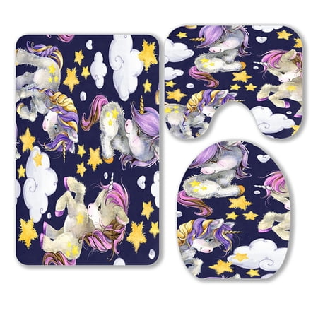 ABPHQTO Cute Unicorn 3 Piece Bathroom Rugs Set Bath Rug Contour Mat and Toilet Lid Cover