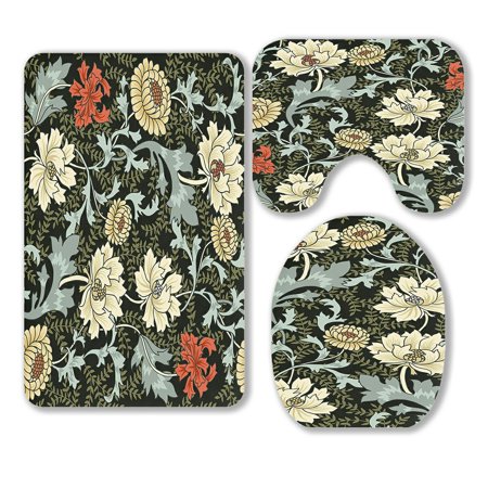 ABPHQTO Dark Enchanted Vintage Flowers Magic Forest 3 Piece Bathroom Rugs Set Bath Rug Contour Mat and Toilet Lid Cover