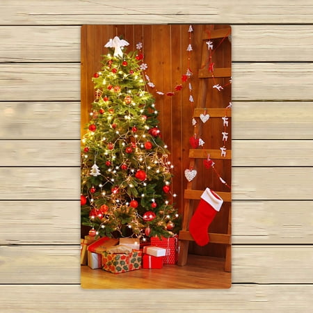 ABPHQTO Decorated Christmas Tree Ladder Wooden Wall Towels Beach Bath Pool Sprot Travel Hand Spa Towel 16x28 Inch