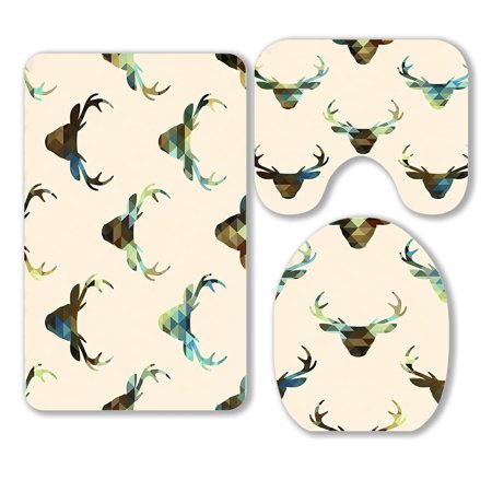 ABPHQTO Deer Heads 3 Piece Bathroom Rugs Set Bath Rug Contour Mat and Toilet Lid Cover