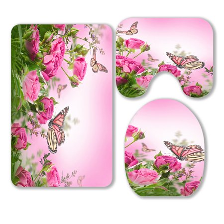 ABPHQTO Delicate Roses And Butterfly Floral 3 Piece Bathroom Rugs Set Bath Rug Contour Mat and Toilet Lid Cover