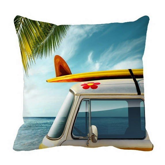 ABPHQTO Detail Vintage Van Beach Surfboard Roof Pillow Case Pillow Cover Pillow Protector Two Sides For Couch Bed 20x20 Inch