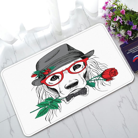ABPHQTO Dog Cocker Spaniel Elegant Gray Hat Glasses Red Rose Doormat Entrance Rug Area Rug Floor Mat Home Decor 30x18 Inch