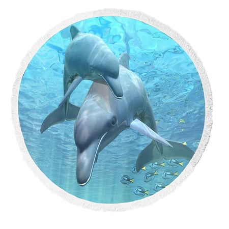 ABPHQTO Dolphin Round Beach Blanket with Tassels Beach Throw Towel Yoga Mat Picnic Blanket