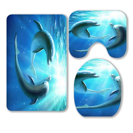 ABPHQTO Dolphins 3 Piece Bathroom Rugs Set Bath Rug Contour Mat and Toilet Lid Cover