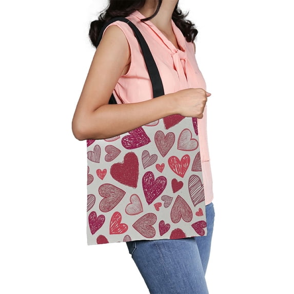 ABPHQTO Doodle Red Hearts Valentine'S Day Canvas Bag Reusable Tote Grocery Shopping Bags Tote Bag 14x16 inch