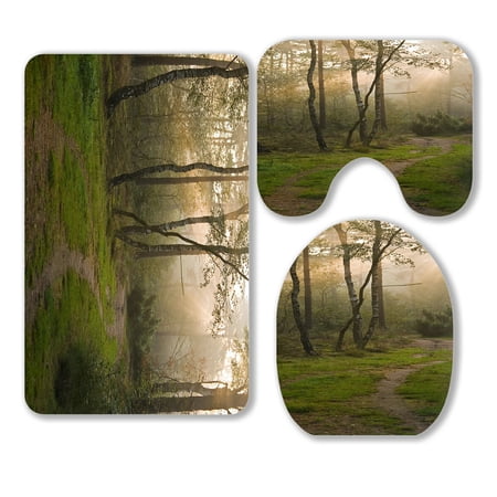ABPHQTO Early Morning In The Forest 3 Piece Bathroom Rugs Set Bath Rug Contour Mat and Toilet Lid Cover