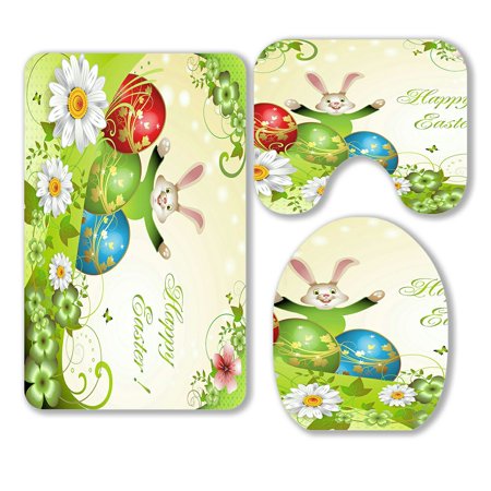 ABPHQTO Easter Bunny Flowers Decorated Eggs 3 Piece Bathroom Rugs Set Bath Rug Contour Mat and Toilet Lid Cover