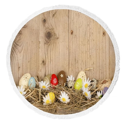 ABPHQTO Easter Colored Eggs Nest Wooden Surface Around Beach Towel Beach Blanket with Tassels Beach Throw Towel Yoga Mat Picnic Blanket