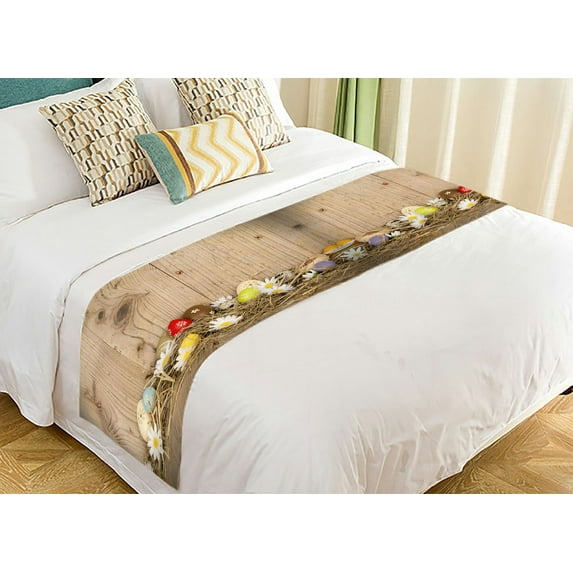 ABPHQTO Easter Colored Eggs Nest Wooden Surface Around Bed Runner Bedding Scarf Bed Decoration 20x95 inch