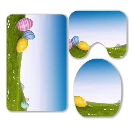 ABPHQTO Easter Eggs Lying Grass Hilly Landscape 3 Piece Bathroom Rugs Set Bath Rug Contour Mat and Toilet Lid Cover