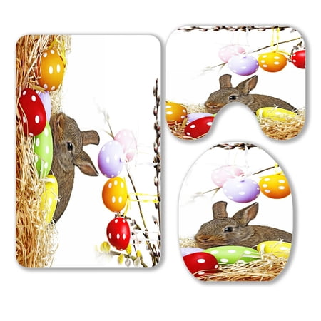 ABPHQTO Easter Eggs On A Spring Branch 3 Piece Bathroom Rugs Set Bath Rug Contour Mat and Toilet Lid Cover