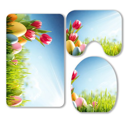 ABPHQTO Easter Eggs Tulip Meadow 3 Piece Bathroom Rugs Set Bath Rug Contour Mat and Toilet Lid Cover