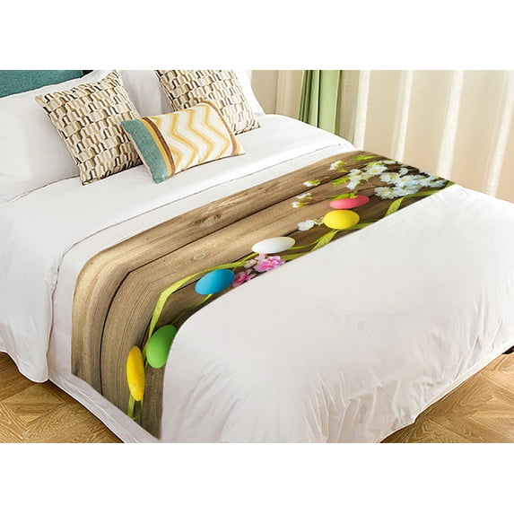 ABPHQTO Easter With Colorful Eggs Spring Flowers Bed Runner Bedding Scarf Bed Decoration 20x95 inch