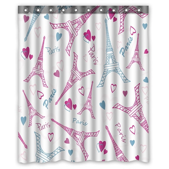 ABPHQTO Eiffel Tower Paris Love Pink Drawing Romantic Hearts Waterproof Polyester Shower Curtain and Hooks For Home Decor 60x72 Inch