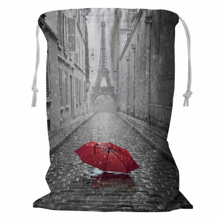 ABPHQTO Eiffel Tower View Paris Street Storage Basket Laundry Bag with Drawstring 18x24 Inch