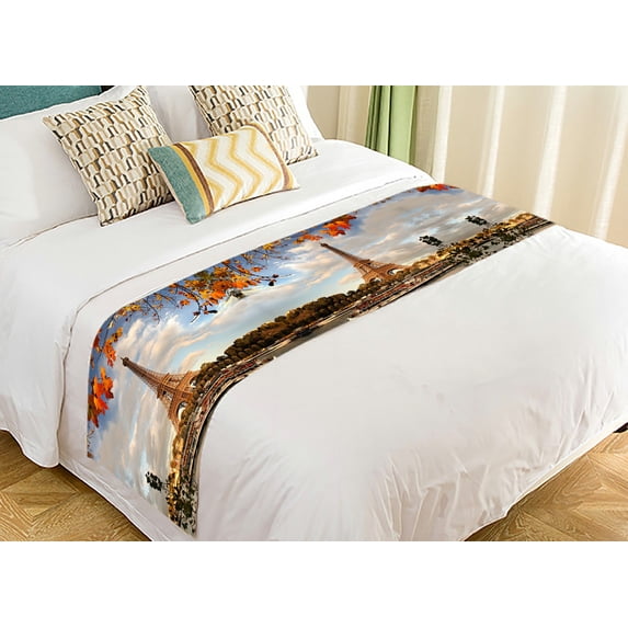 ABPHQTO Eiffel Tower With Autumn Leaves In Paris France Bed Runner Bedding Scarf Bed Decoration 20x95 inch