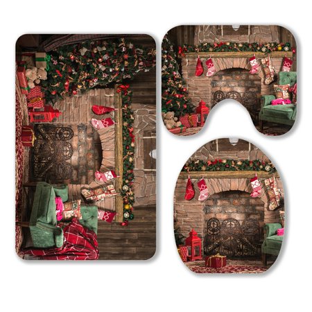 ABPHQTO Elegant Christmas Tree Fireplace Blanket Couch 3 Piece Bathroom Rugs Set Bath Rug Contour Mat and Toilet Lid Cover