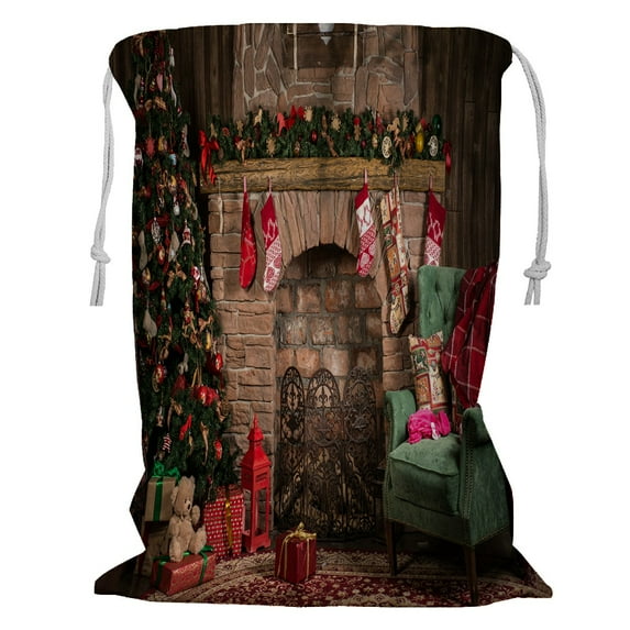 ABPHQTO Elegant Christmas Tree Fireplace Blanket Couch Storage Basket Laundry Bag with Drawstring 24x32 Inch