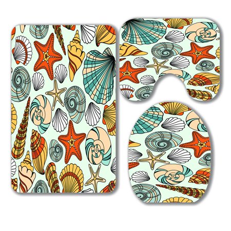 ABPHQTO Elegant Seashells 3 Piece Bathroom Rugs Set Bath Rug Contour Mat and Toilet Lid Cover