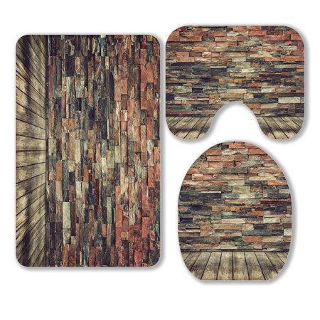 ABPHQTO Empty Wood And Brick Wall 3 Piece Bathroom Rugs Set Bath Rug Contour Mat and Toilet Lid Cover