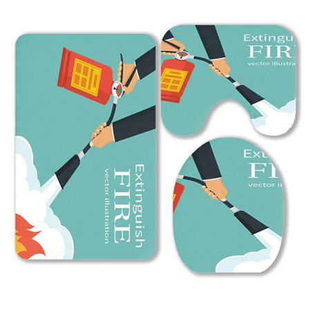 ABPHQTO Extinguish Fire Fireman Hold In Hand Fire Extinguisher 3 Piece Bathroom Rugs Set Bath Rug Contour Mat and Toilet Lid Cover