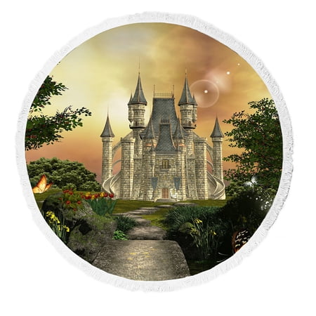 ABPHQTO Fabulous Castle In An Enchanted Garden Beach Towel Beach Blanket with Tassels Beach Throw Towel Yoga Mat Picnic Blanket