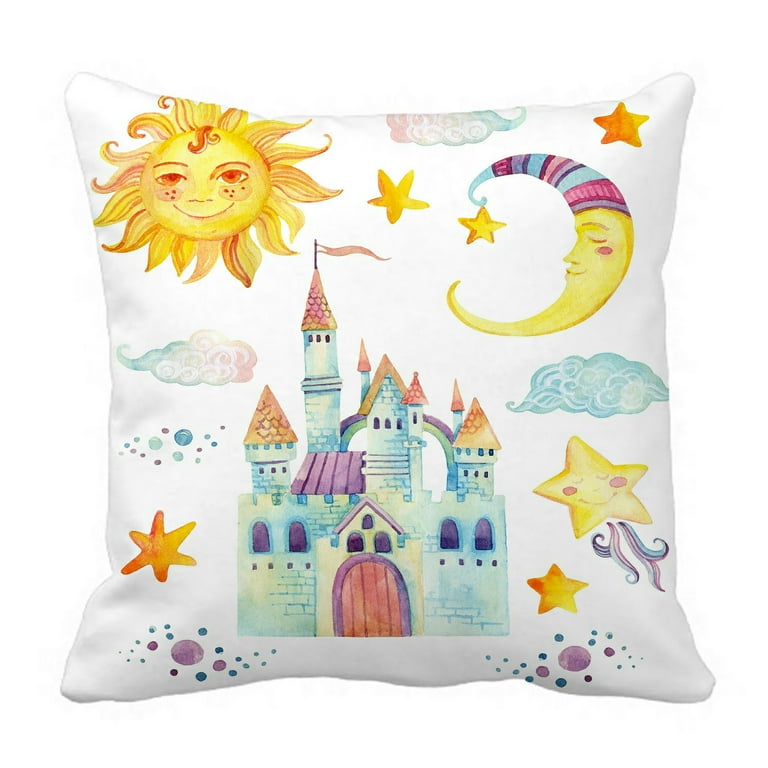 ABPHQTO Fairy Tale Cute Dragon Magic Castle Little Princess Crown Clouds Pillow Case Pillow Cover Pillow Protector Two Sides For Couch Bed 16x16 Inch
