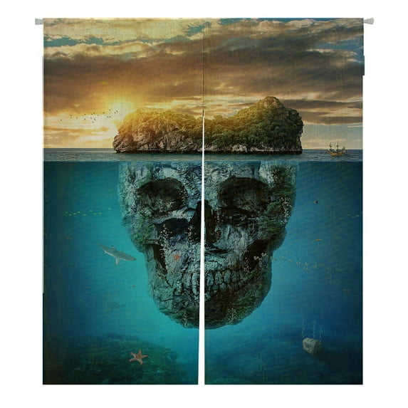 ABPHQTO Fantastic Tropical Island Scull Rock Underwater Sunset Japanese Noren Curtain Doorway Door Window Treatment Curtains Cotton Linen Curtain 85x150 cm