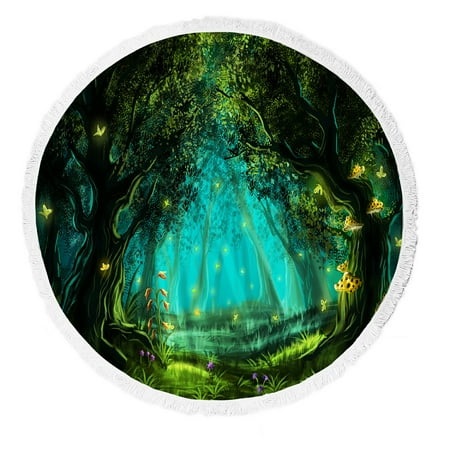 ABPHQTO Fantasy Fairy Forest Round Beach Blanket with Tassels Beach Throw Towel Yoga Mat Picnic Blanket