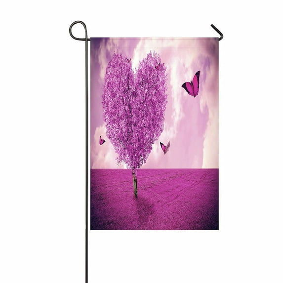 ABPHQTO Field Heart Shape Tree Butterflies Pink Landscape Home Outdoor Garden Flag House Banner Size 12x18 Inch