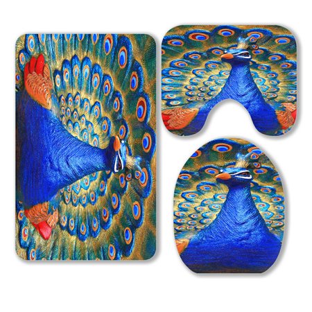 ABPHQTO Figure Peacock Statue 3 Piece Bathroom Rugs Set Bath Rug Contour Mat and Toilet Lid Cover