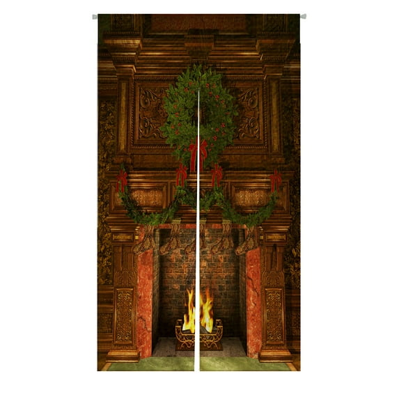 ABPHQTO Fireplace Christmas Holly Wreath Garland Stockings Japanese Noren Curtain Doorway Door Window Treatment Curtains Cotton Linen Curtain 85x150 cm