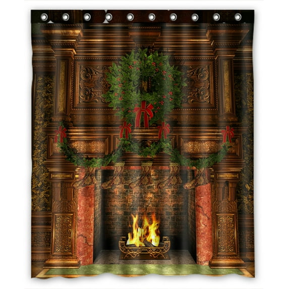 ABPHQTO Fireplace Christmas Holly Wreath Garland Stockings Waterproof Polyester Shower Curtain and Hooks For Home Decor 60x72 Inch