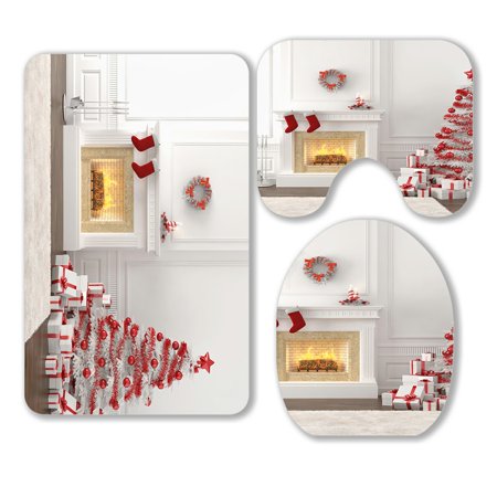 ABPHQTO Fireplace With Christmas Tree Presents 3 Piece Bathroom Rugs Set Bath Rug Contour Mat and Toilet Lid Cover