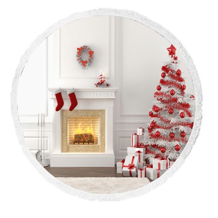 ABPHQTO Fireplace With Christmas Tree Presents Beach Towel Beach Blanket with Tassels Beach Throw Towel Yoga Mat Picnic Blanket