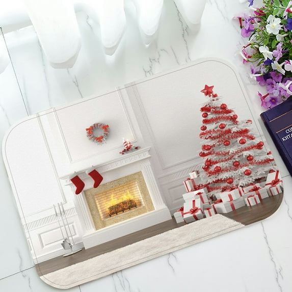 ABPHQTO Fireplace With Christmas Tree Presents Doormat Entrance Rug Area Rug Floor Mat Home Decor 23.5x16.7 Inch
