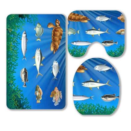 ABPHQTO Fish And Sea Turtle Under The Sea 3 Piece Bathroom Rugs Set Bath Rug Contour Mat and Toilet Lid Cover