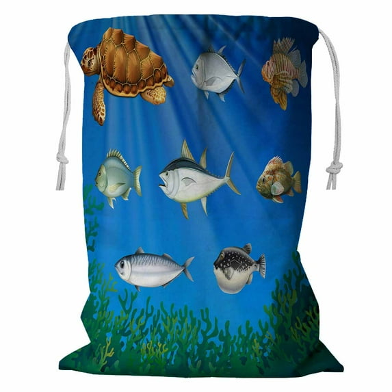 ABPHQTO Fish And Sea Turtle Under The Sea Storage Basket Laundry Bag with Drawstring 24x32 Inch