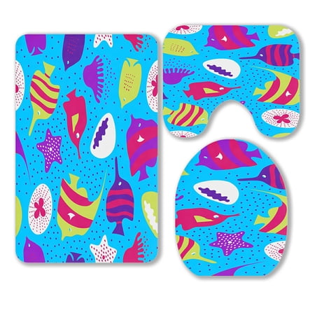 ABPHQTO Fishes Jellyfishes Marinesea Creatures Coral Reefs 3 Piece Bathroom Rugs Set Bath Rug Contour Mat and Toilet Lid Cover