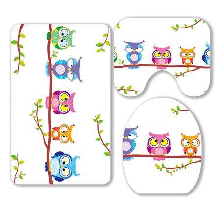 ABPHQTO Five Different Funny Owls Sitting On A Branch 3 Piece Bathroom Rugs Set Bath Rug Contour Mat and Toilet Lid Cover