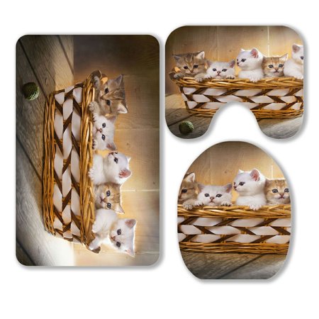 ABPHQTO Five Kittens Of British Shorthair Breed In The Basket 3 Piece Bathroom Rugs Set Bath Rug Contour Mat and Toilet Lid Cover