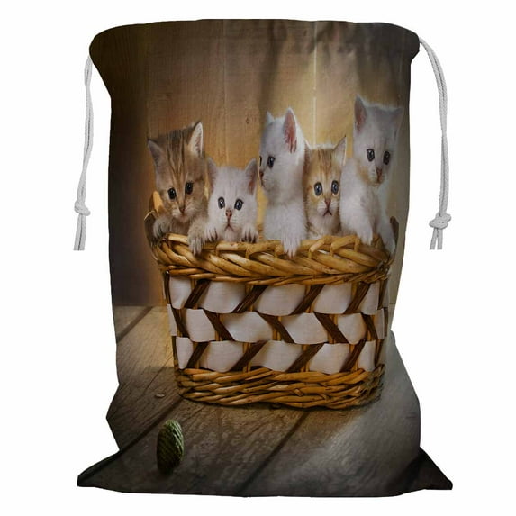 ABPHQTO Five Kittens Of British Shorthair Breed In The Basket Storage Basket Laundry Bag with Drawstring 18x24 Inch