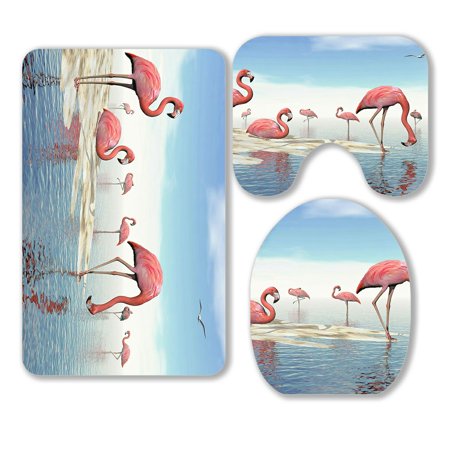 ABPHQTO Flock Of Pink Flamingos At The Beach 3 Piece Bathroom Rugs Set Bath Rug Contour Mat and Toilet Lid Cover