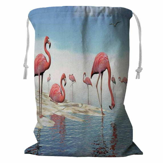 ABPHQTO Flock Of Pink Flamingos At The Beach Storage Basket Laundry Bag with Drawstring 24x32 Inch