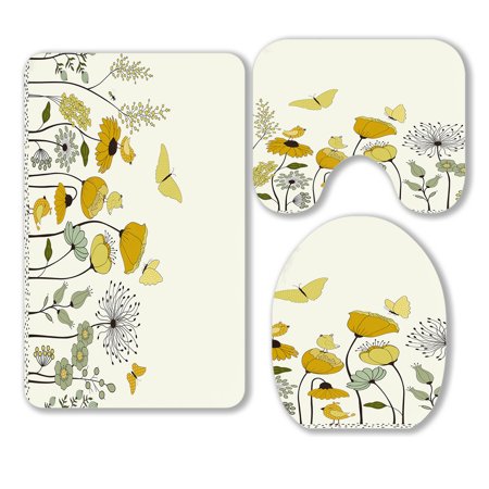 ABPHQTO Floral Bird Butterflies 3 Piece Bathroom Rugs Set Bath Rug Contour Mat and Toilet Lid Cover