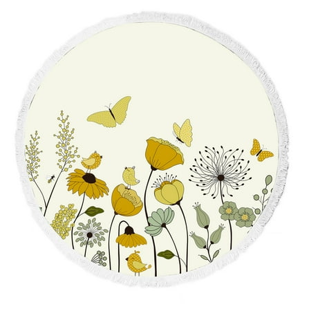 ABPHQTO Floral Bird Butterflies Round Beach Blanket with Tassels Beach Throw Towel Yoga Mat Picnic Blanket